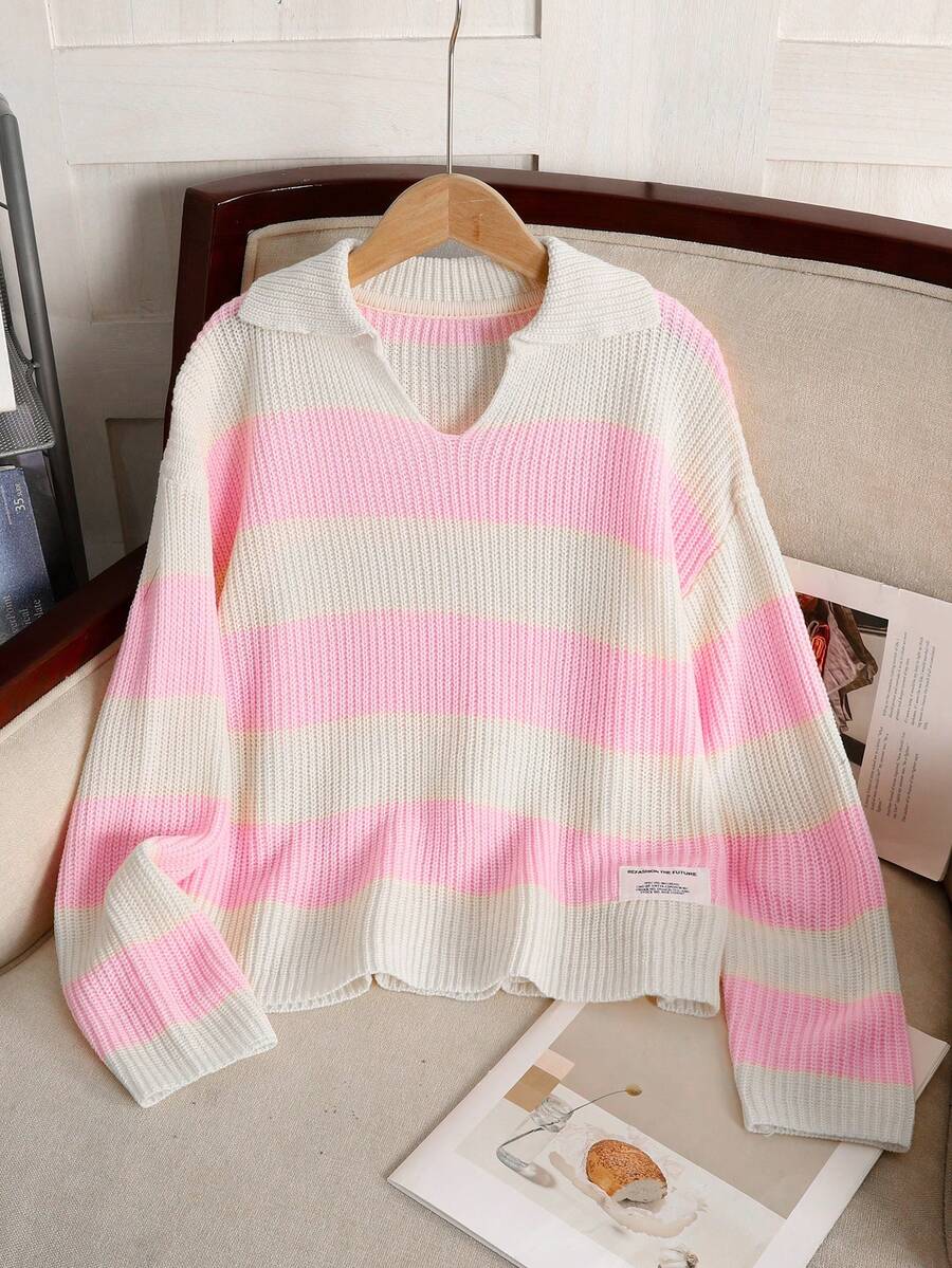 SHEIN Tween Girl Casual Ribbed Turtleneck Sweater, Collegiate Style, Autumn/Winter - Pink - View 1