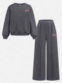 Bộ quần dài tay dài in nơ đơn sắc rộng rãi và quần nỉ ống rộng cho bé gái tuổi teen - Xám - Xem 6