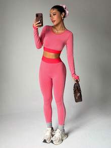 Sovereign Charm Seamless High Elasticity Rib Knit Women Sports Fitness Running Yoga Set Sexy Workout Clothes - Red - View 4