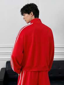 ESTAVOR 男士开衫卫衣 运动休闲风格 条纹设计 - 紅色 - 查看 4