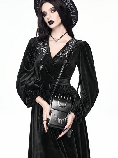 Grunge Punk Gothic Crescent Moon Metal Decor Studded Mini Crossbody Bag, Y2K Punk Black Shoulder Purse For Concert, Night Out & Daily Outfit