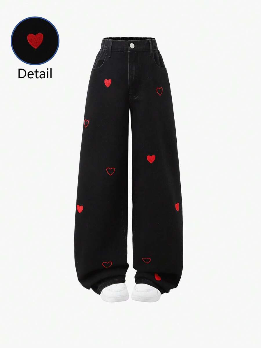 SHEIN 青少年女孩時尚愛心刺繡直筒牛仔褲 - 黑色 - 查看 1