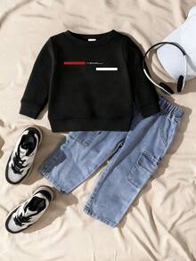 SHEIN Playful Pals 两件套男婴条纹印花黑色圆领长袖针织卫衣和牛仔裤套装，适合6个月至2-3岁婴幼儿男童日常休闲穿着，春/冬季款 - 彩色 - 查看 4