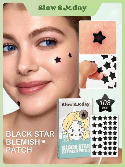 SlowSunday Black Star Blemish Patch, 108 st, söt svart stjärnformad, hydrokolloidmaterial, ultratunn design, heltäckande, vattentät och andningsbar, uppfriskande och bekväm, mild och icke-irriterande, för pre-makeup och daglig vård, bättre täckning, för ansikte och kropp, för att täcka finnar och finnar, årsdagar, perfekt för dejting, födelsedag, årsdag eller något speciellt tillfälle, för alla hjärtans dag, alla hjärtans dag-present, alla hjärtans dag-present, för Ramadan, Ramadans festivalsammankomster och presenter, perfekt för fest