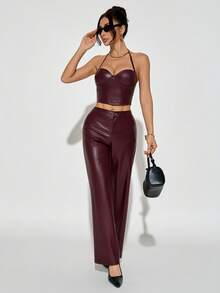 SHEIN PETITE ICON Y2K 女装纯色露背上衣和休闲酒红色长裤套装,适合夏季派对和新年穿着,性感女士两件套,适合夜店穿着。 - 酒紅色 - 查看 6