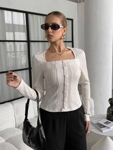 Lavishia Women's Elegant Commuter Solid Color Textured T-Shirt, Autumn - Beige - View 6