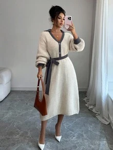 Elenzga 女士复古法式撞色领口收腰灯笼袖优雅POLO领针织中长款毛衣连衣裙 - 灰色 - 查看 1