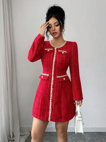 Elenzga Women's Color Block Trim Round Neck Long Sleeve Front Button Elegant Dress - Burgundy - View 6