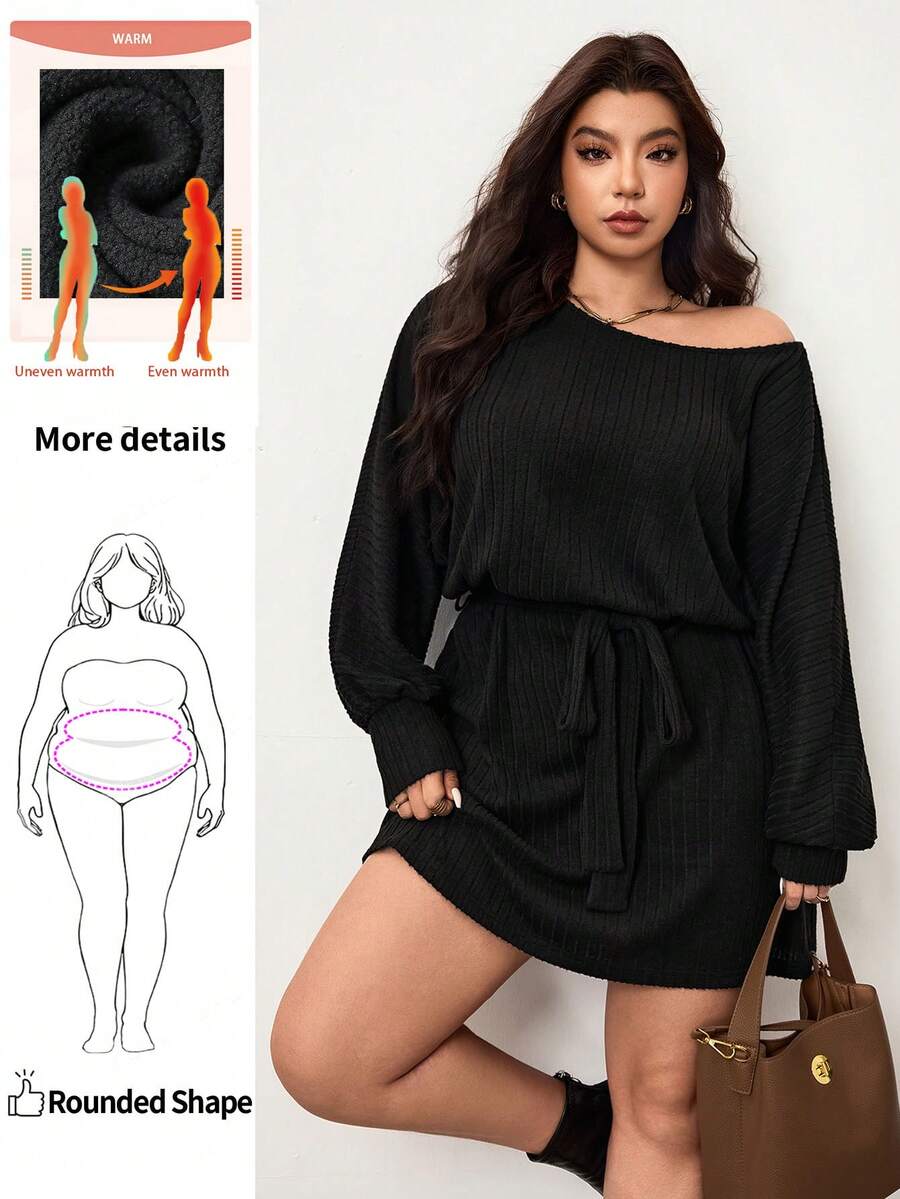 Enliva 罗纹针织腰带连衣裙，秋冬休闲女装，适合圆润身材，适合苹果型圆润身材/2026/新年 - 黑色 - 查看 1