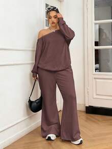 Solflare 咖啡棕色不对称领上衣和裤子加大码两件套 - 咖啡棕 - 查看 5