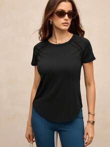 Activina 女士圆领短袖修身时尚户外健身 T 恤，运动健身衫 - 黑色 - 查看 8