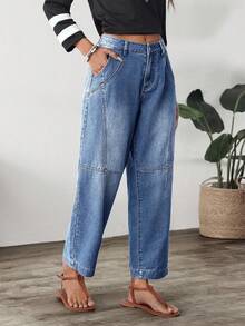 EMERY ROSE Plus Size Women Pockets Wide Leg Loose Casual Versatile Jeans - Blue - View 8