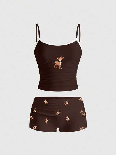 ROMWE J-Fashion Conjunto de 2 piezas de camiseta y pantalones cortos con estampado de ciervos lindos y sexy, color café, para mujer, otoño/invierno