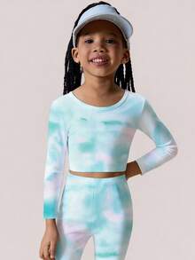 SHEIN Young Girls Activewear Set, Colorful Pattern, Bright & Vivid, Long Sleeve Top With Cutout Back Design + Pants Set, Suitable For Gymnastics Training, Daily Wear, And Casual Outings - Multicolor - View 2