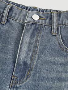 女童牛仔裤，8-12岁，时尚拼接复古Y2K宽松阔腿牛仔裤，松紧腰，右腿破洞设计，柔软牛仔棉面料，做旧水洗质感，适合城市漫步、日常穿搭、OOTD（每日穿搭）、外出、旅行、派对等场合，新品上市 - 深色水洗藍 - 查看 3