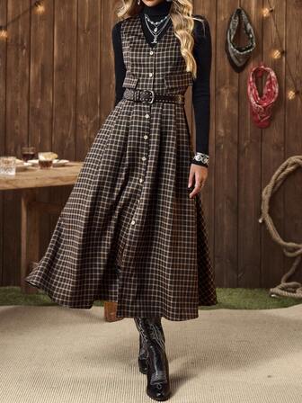  Robe d'automne/hiver décontractée de style occidental personnalisée pour femmes, avec imprimé numérique à carreaux rétro, col en V sans manches, poches, taille plissée et boutons en bois, marque LanaWest