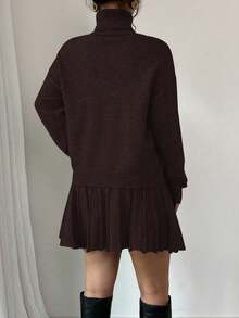 Rafferiza 2pcs Set: Solid Color Loose Pleated Skirt & Turtleneck Sweater - Coffee Brown - View 2