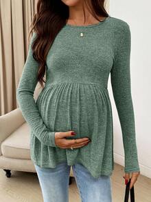 SHEIN Maternity Casual Basic Round Neck Long Sleeve T-Shirt Maternity Tops Pregnancy Clothes Green Long Sleeve Top Maternity Shirts For Women Maternity Clothes Fall Winter - Mint Green - View 4