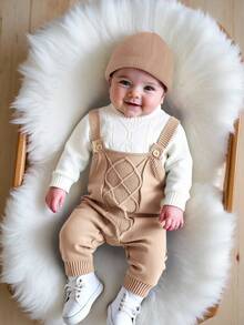 SHEIN New Born Baby Boy/Girl Toddler Fall/Winter Knitted Rompers Overalls Sweaters,Camel Autumn Cute Family Matching Outfits Retro Classic Daily Clothes - Khaki - View 7