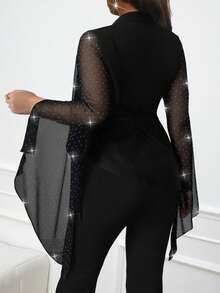 SHEIN Lady 加大码女式披肩领侧腰蝴蝶结水钻网眼开衩袖优雅西装外套 - 黑色 - 查看 2