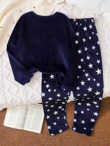 女童秋冬睡衣套装，星星字母印花长袖上衣+星星印花长裤，舒适两件套睡衣 - 寶藍色 - 查看 2