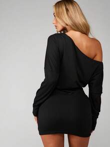 MISSGUIDED Long Sleeve Off Shoulder Ruched Bodycon Mini Dress One Shoulder Asymmetric Evening Party Fall Winter - Black - View 2