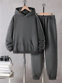 Vacaura 2 件套青少年男童休闲拼布丝带连帽运动衫套装，适合休闲、通勤、上学、运动穿着