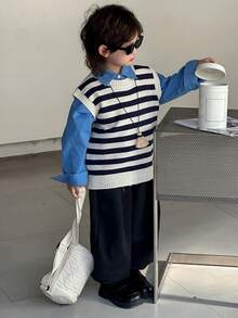 Hapijoa Young Boy Striped Knit Vest, Casual Loose Fit Fall - Navy Blue - View 4