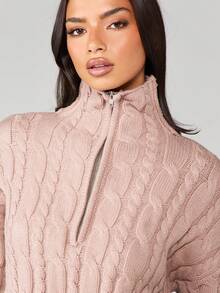 MISSGUIDED Damen Zopfstrick Kapuzenpullover mit Reißverschluss und Mitteltasche, kuschelige Strickjacke für Herbst und Winter - Kamelfarben - Übersicht 6