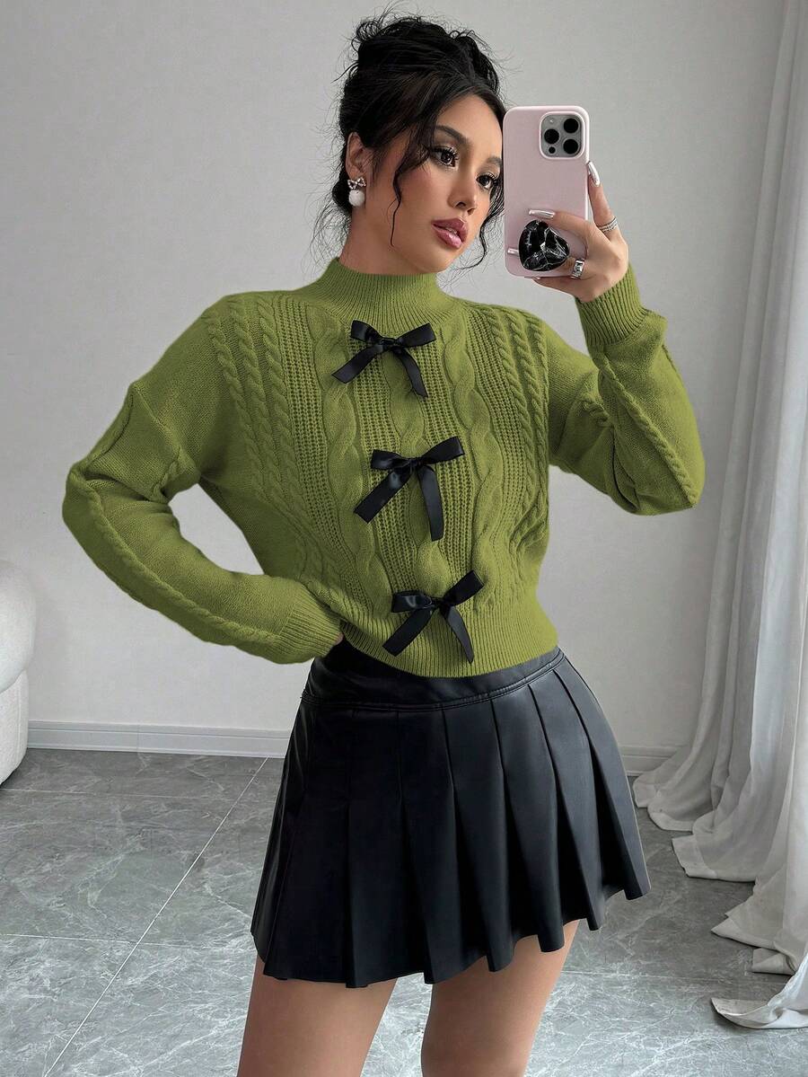 Elenzga Women's French Bow Decor Cable Knit Sweet Long Sleeve Stand Collar Sweater, Winter - Green - View 1