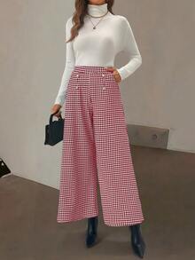 EMERY ROSE Quần ống rộng họa tiết răng sói túi cài nút dáng chữ A thanh lịch dành cho nữ - Màu Đỏ Sâu - Xem 3