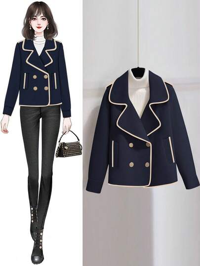 EMERY ROSE Abrigo largo de mujer con doble botonadura y ribete de color contrastante para otoño/invierno