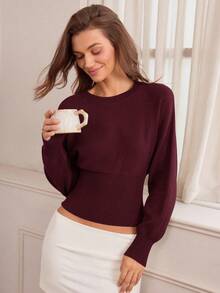 Hanevo Casual Round Neck Drawstring Waist Slim Fit Solid Color Knit Sweater, Versatile For Autumn/Winter - Burgundy - View 6