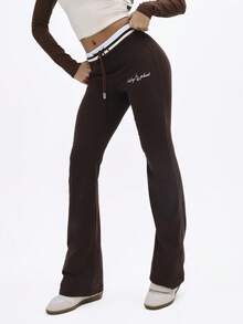 BABYPHAT Quần legging ống loe dài, cạp cao, dệt kim gân màu nâu, họa tiết sọc trắng tương phản, thích hợp mặc thường ngày - màu nâu - Xem 3