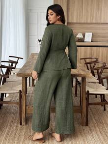 Weeklong Conjunto informal de manga larga de mezcla de lino de talla grande, primavera/verano - Verde militar - Ver 2