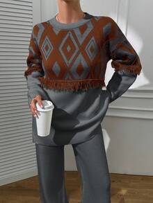 EURMUSE Boho Sweater And Trouser Casual Simple - Grey - View 4