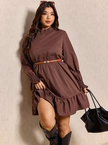 Elaquor 大码女式纯色荷叶领长袖荷叶边下摆休闲连衣裙 - 棕色 - 查看 1