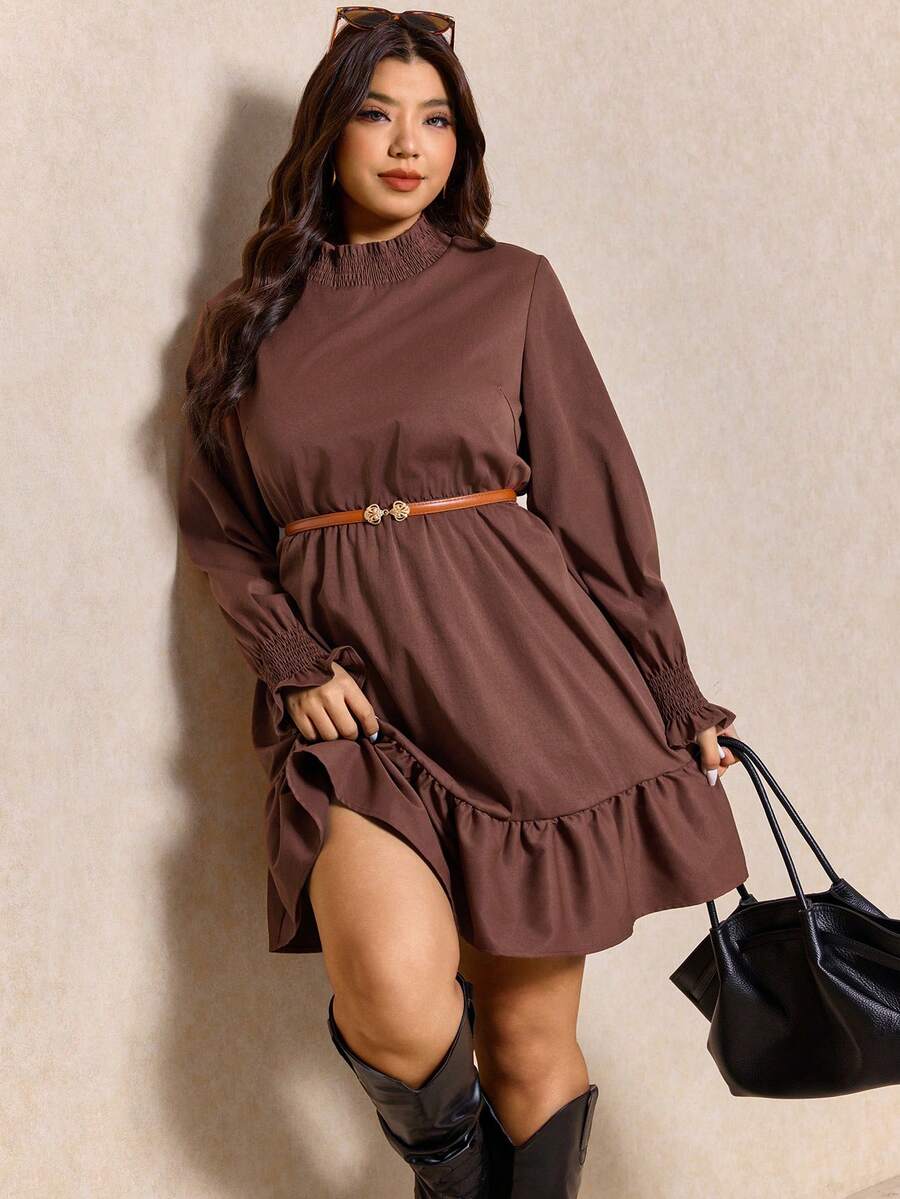 Elaquor 大码女式纯色荷叶领长袖荷叶边下摆休闲连衣裙 - 棕色 - 查看 1