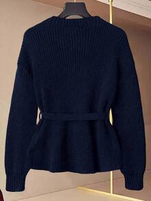 GlowEve 新款女士V领开衫，欧美风撞色优雅简约时尚针织上衣 - 寶藍色 - 查看 2