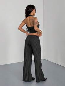 StreetHx Women's Striped Single-Breasted Cropped Halter Vest And Flare Pants Suit Set - Dark Grey - View 2