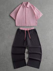 PAVTROS Bộ áo sơ mi và quần sọc hồng dành cho nam, 2 trong 1 - Hồng - Xem 1