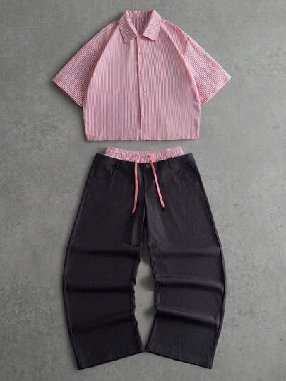 PAVTROS Bộ áo sơ mi và quần sọc hồng dành cho nam, 2 trong 1
