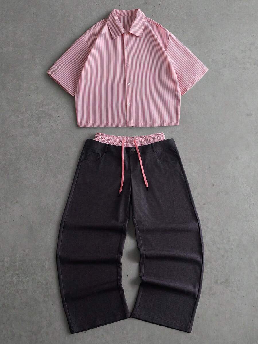 PAVTROS Bộ áo sơ mi và quần sọc hồng dành cho nam, 2 trong 1 - Hồng - Xem 1