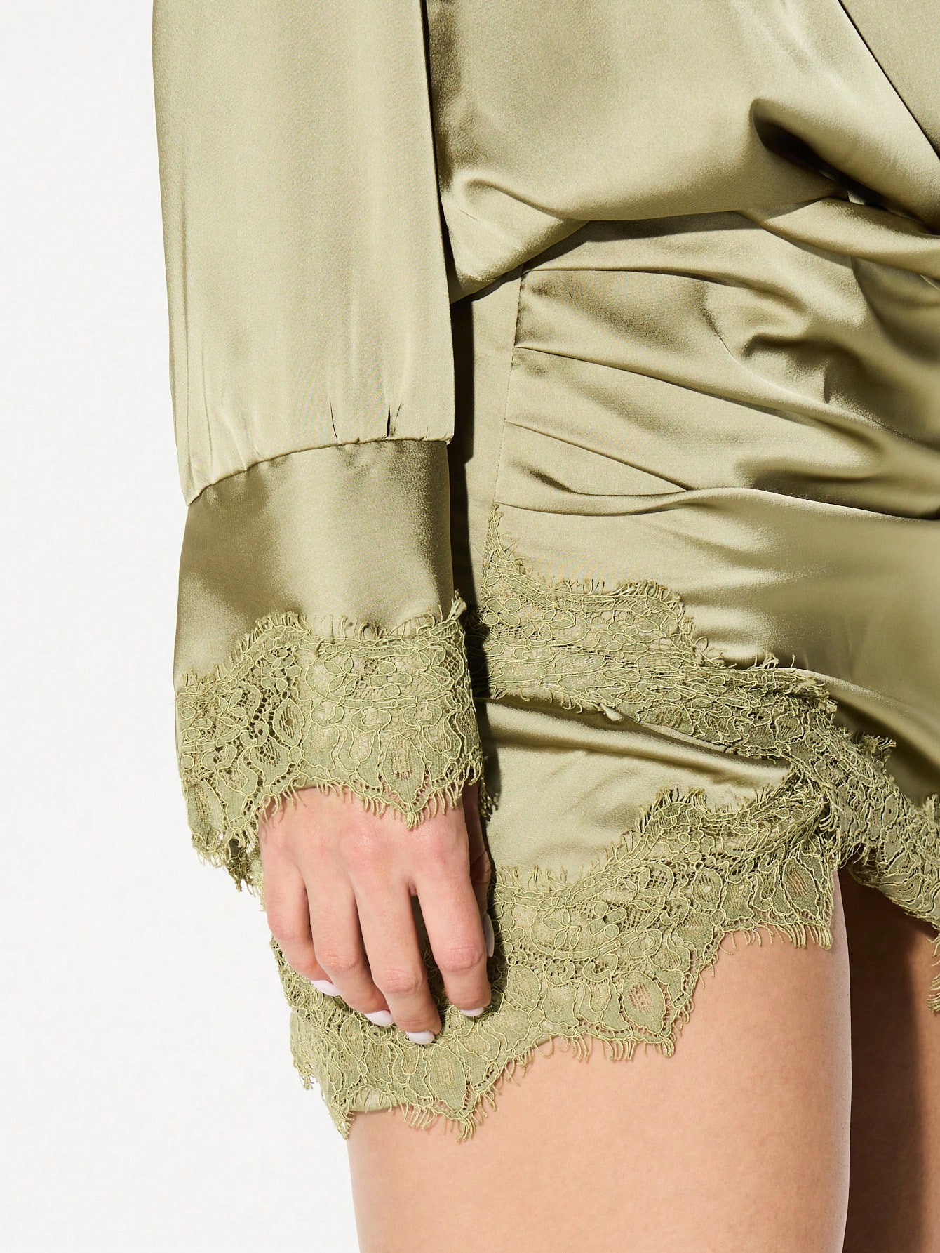 KIZN Satin Plunge Neck Mini Dress With Lace Trim