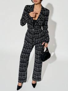 SHEIN PETITE 女士优雅格纹翻领长袖外套和裤子套装，适合派对和晚宴穿着，春夏/夏秋两季女装，适合办公室穿着，女士套装 - 黑與白 - 查看 6