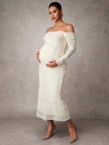 MaterniChic Maternity Clothes Maternity  Dress Spring And Summer Pregnant Clothes Apricot Dress Lace One Shoulder Elegant Party Romantic - Apricot - View 3