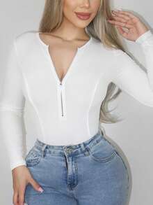 VaVaBold Body femme couleur unie à demi-zip, manches longues, style décontracté