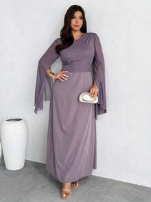 SHEIN Privé Vestido midi cómodo, casual y elegante para vacaciones con mangas con lazo, abertura y bajo acampanado, adecuado para citas, fiestas, té de la tarde, moda en tallas grandes - Morado - Ver 6