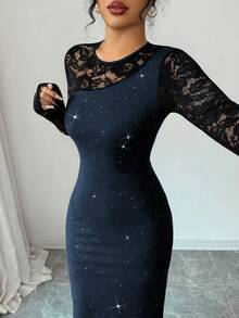 Elenzga 女士优雅蕾丝拼接圆领长袖修身连衣裙，适合外出、派对、圣诞节、秋冬季等场合。 - 藏蓝色 - 查看 7