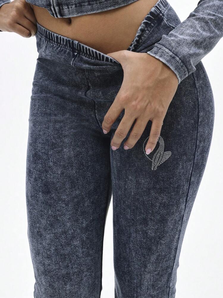 BABYPHAT High Rise Flare Leggings With Zip Front Jersey Fabric And Rhinestone Embellishments Wide Leg Denim Style Pattern